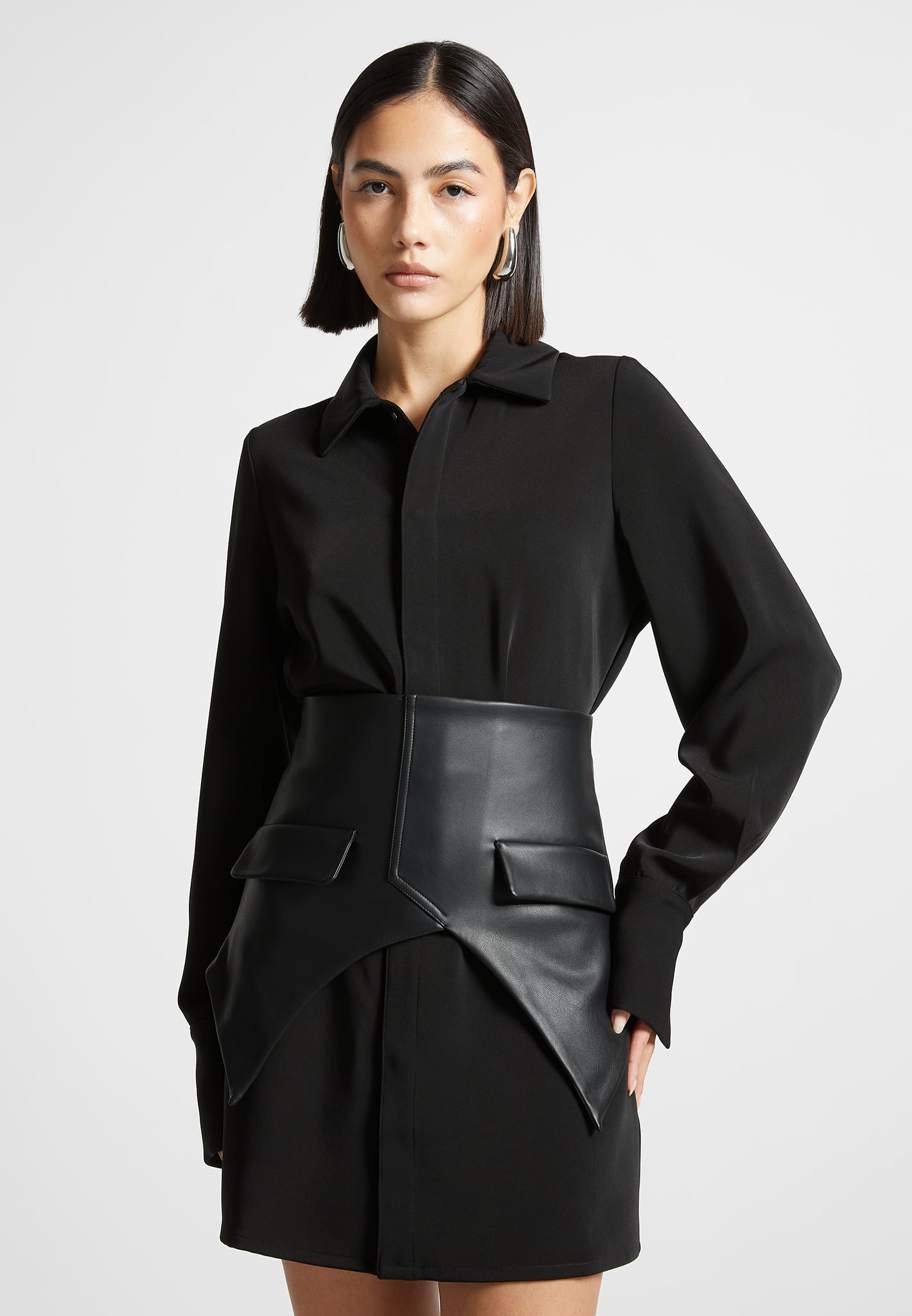 Keira - Corset Overlay Shirt Mini Dress - Black | Manire De Voir Keira - Corset Overlay Shirt Mini Dress - Black | Manire De Voir
