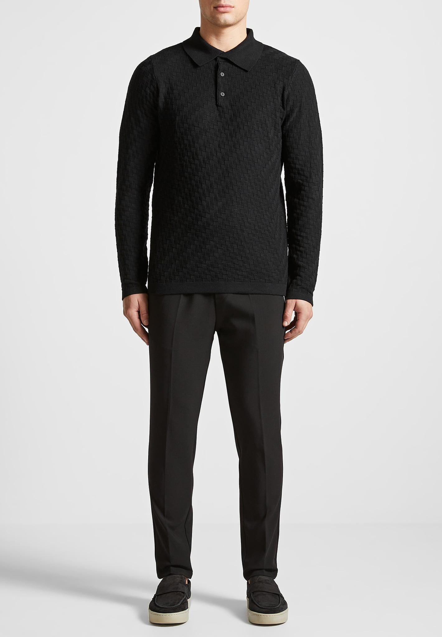 cotton-blend-waffle-knit-long-sleeve-polo-top-black