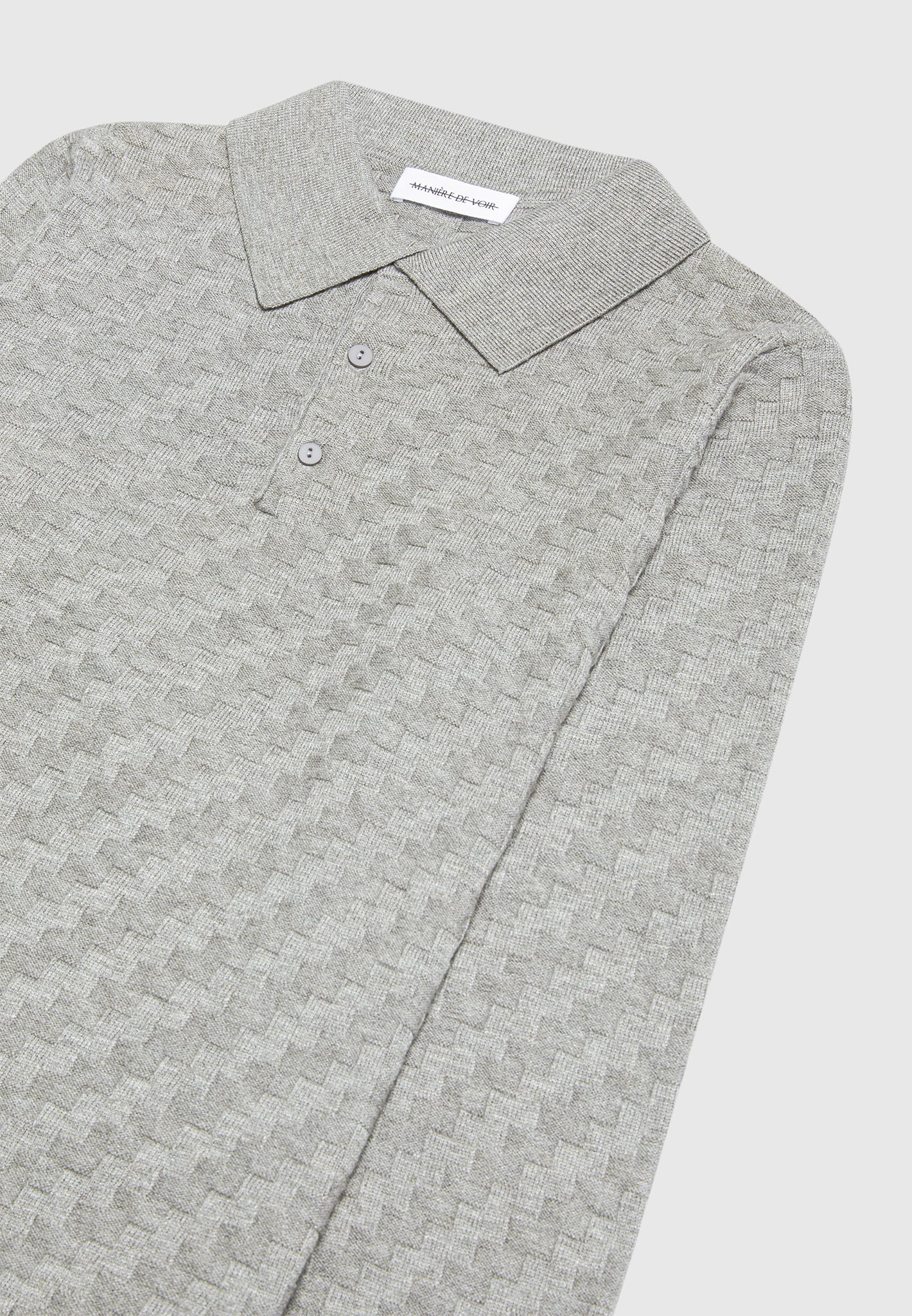 cotton-blend-waffle-knit-long-sleeve-polo-top-grey