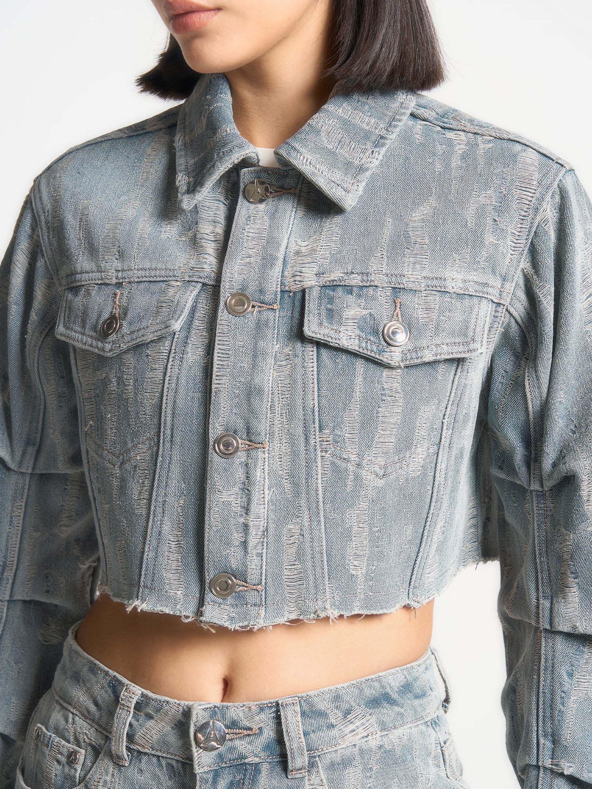 Alice -  Cropped Distressed Denim Jacket - Mid Blue