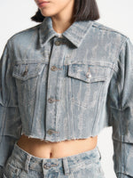 Alice -  Cropped Distressed Denim Jacket - Mid Blue