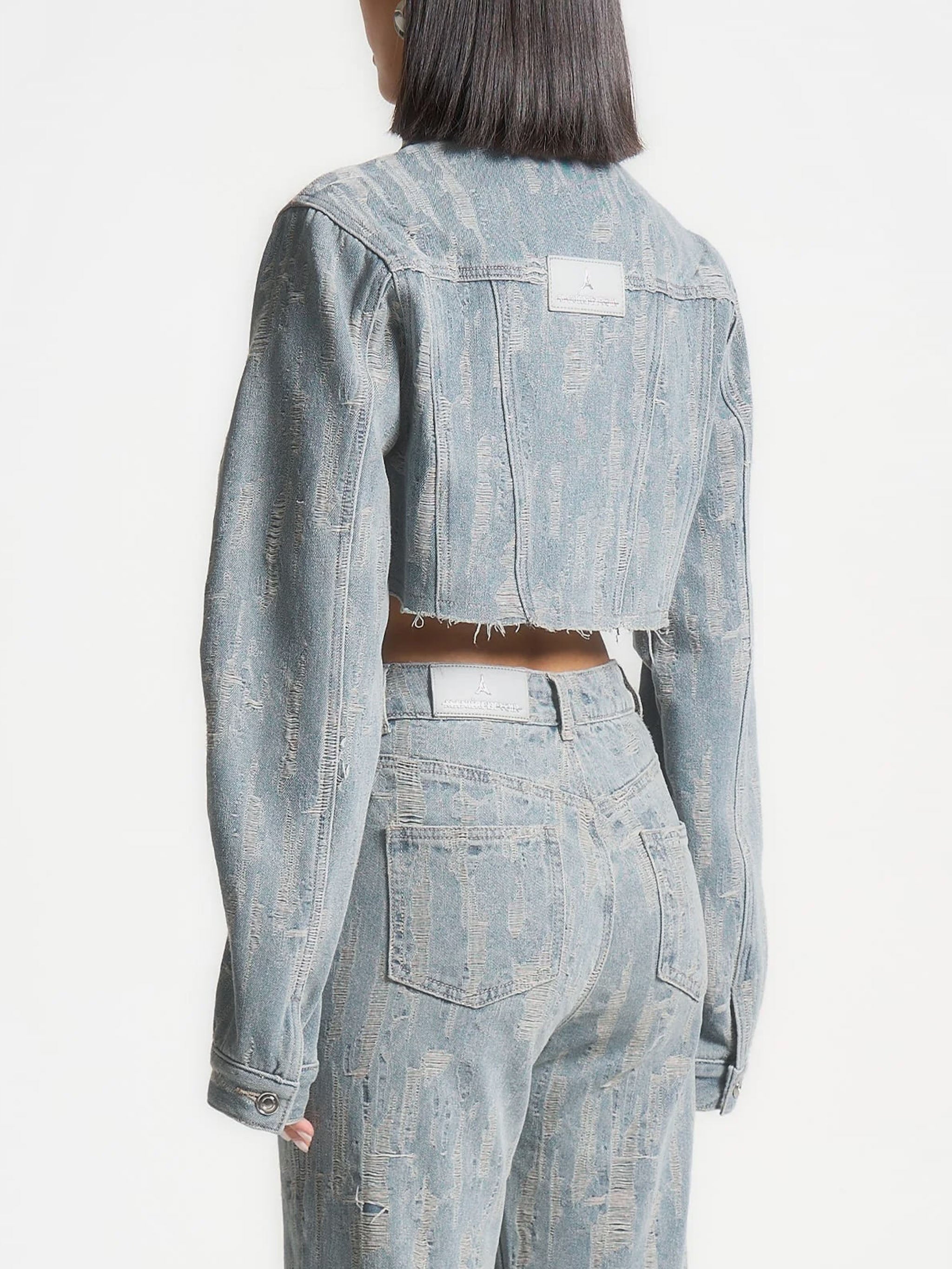 Alice -  Cropped Distressed Denim Jacket - Mid Blue