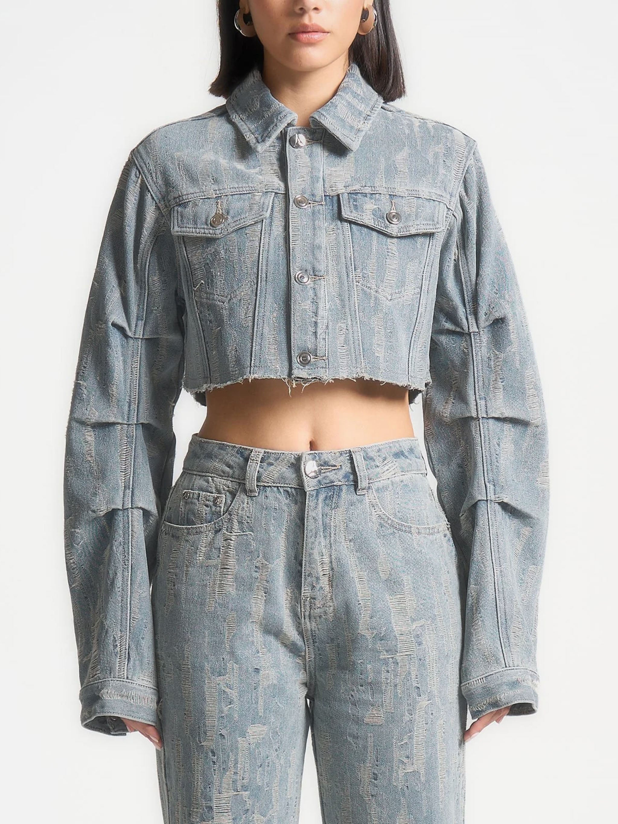 Alice - Cropped Distressed Denim Jacket - Mid Blue 