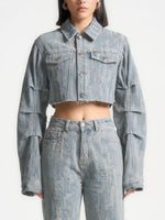 Alice -  Cropped Distressed Denim Jacket - Mid Blue