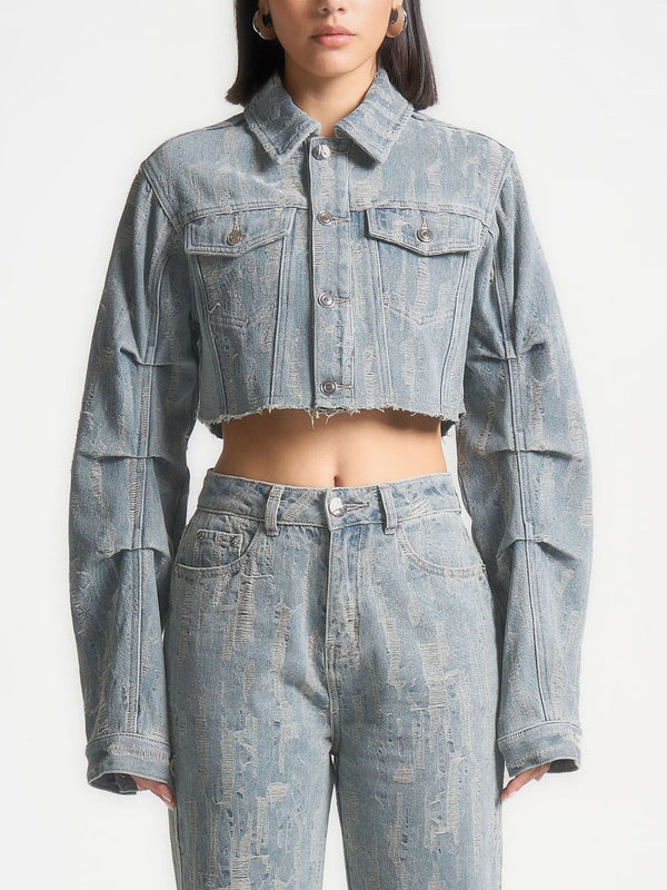 Alice -  Cropped Distressed Denim Jacket - Mid Blue