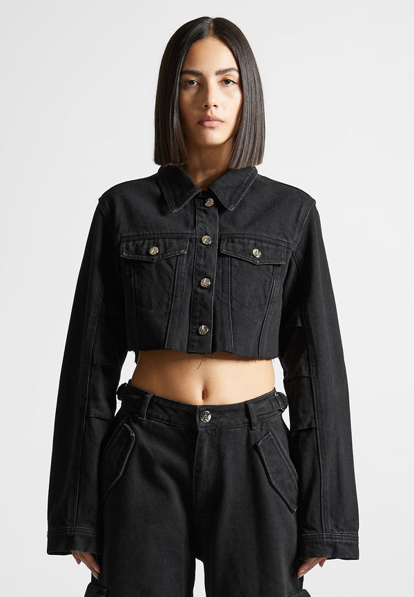 Cropped Tacked Sleeve Jacket - Black