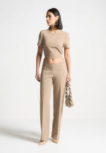 Curved Waist Tailored Trousers - Dark Beige