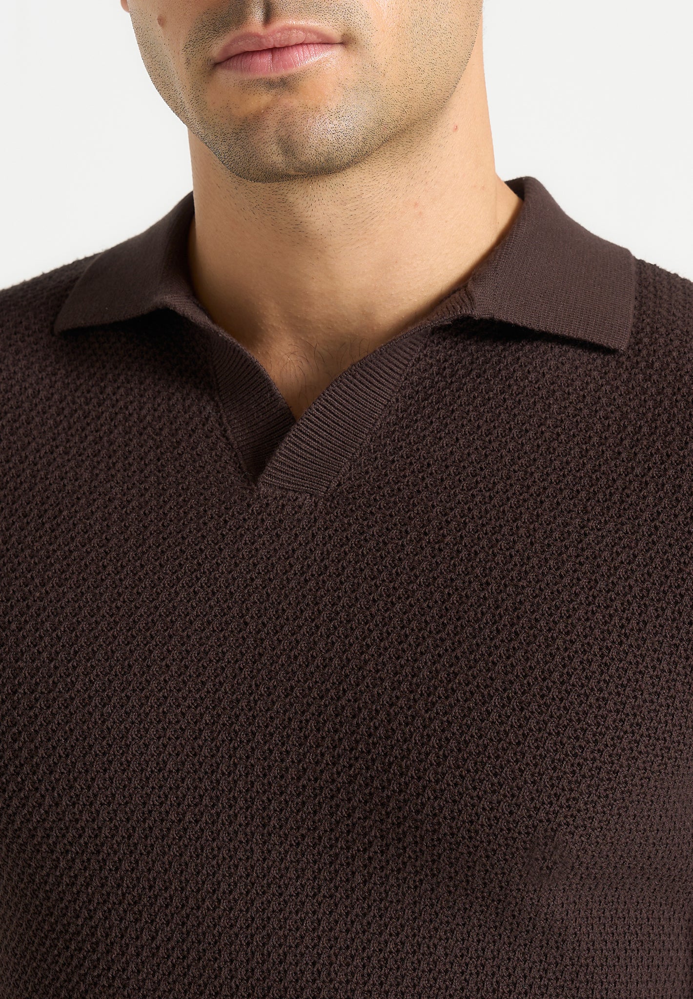 Rowen - Textured Knit Revere Polo Shirt - Brown