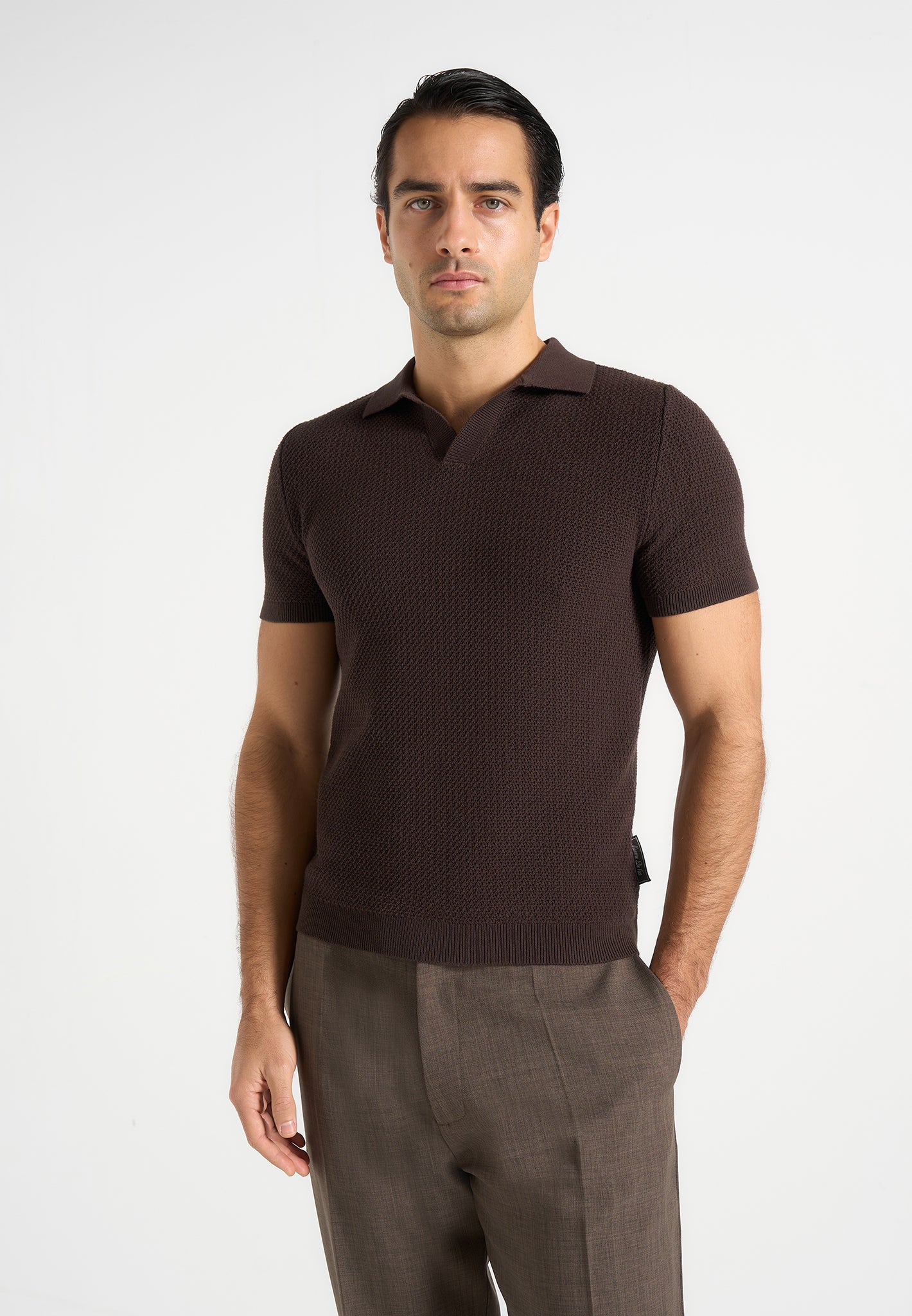 Rowen - Textured Knit Revere Polo Shirt - Brown