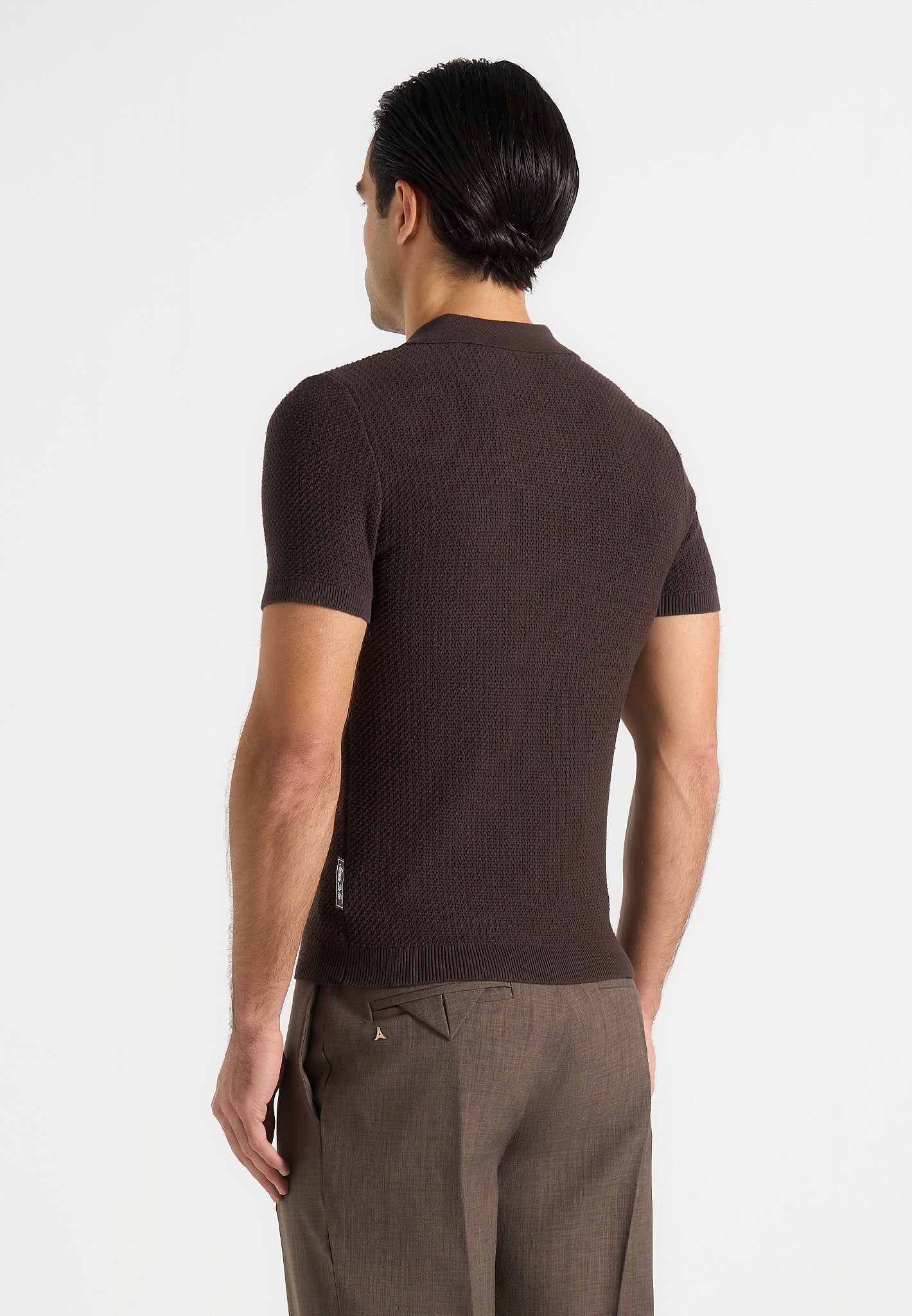 Rowen - Textured Knit Revere Polo Shirt - Brown