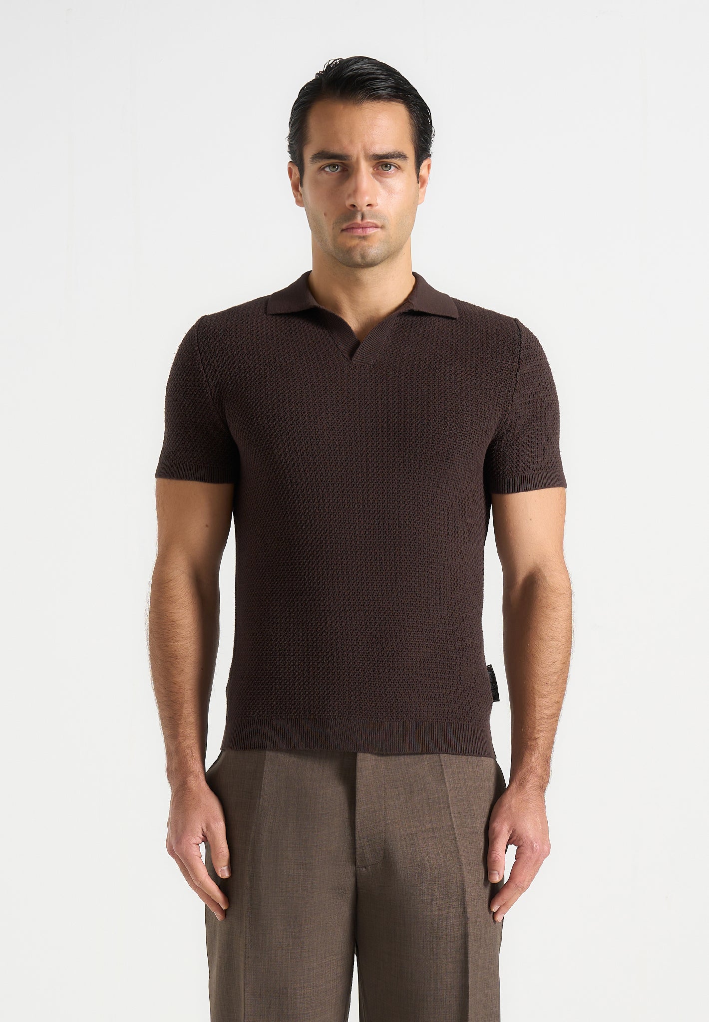 Rowen - Textured Knit Revere Polo Shirt - Brown 