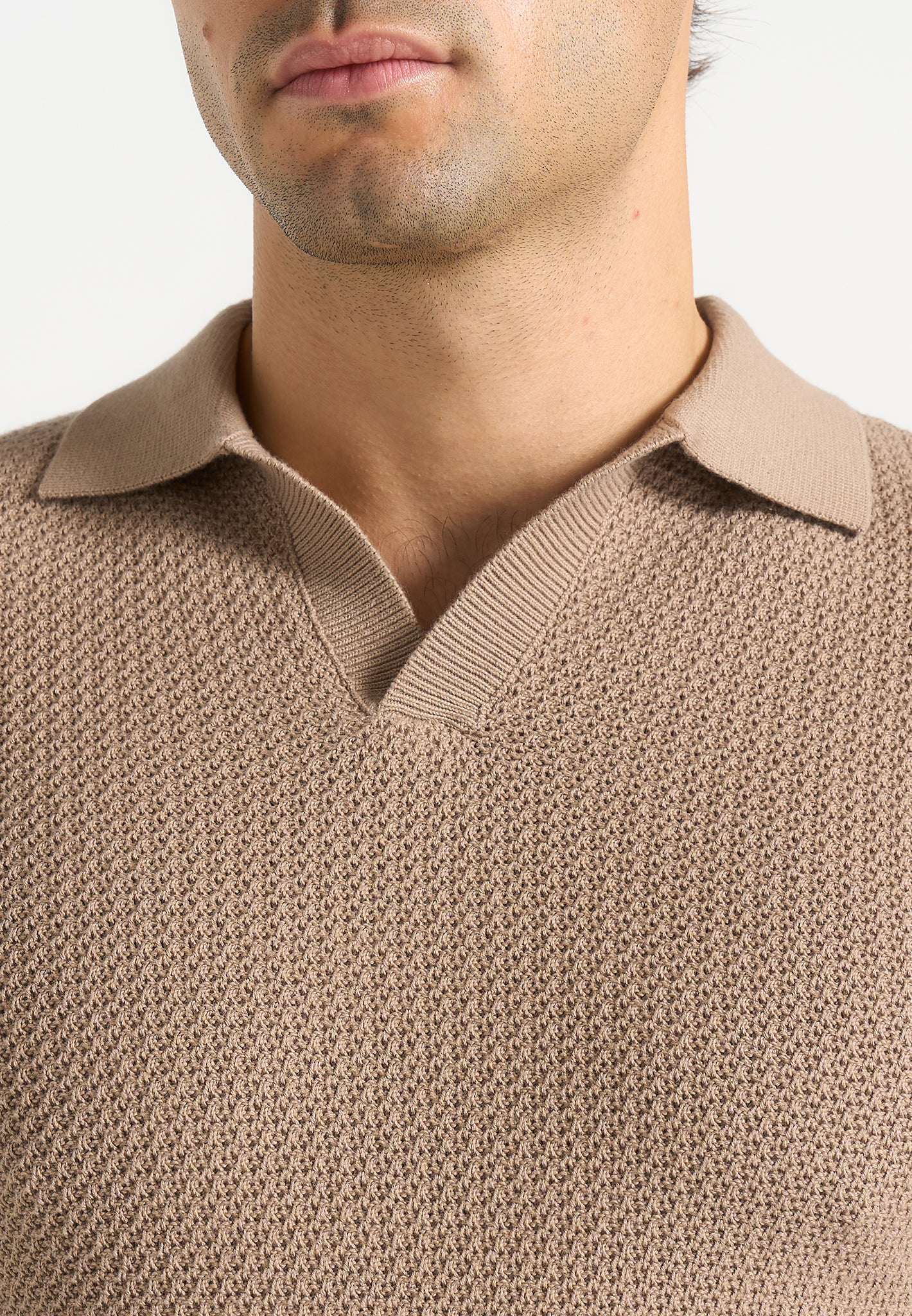 Rowen - Textured Knit Revere Polo Shirt - Taupe
