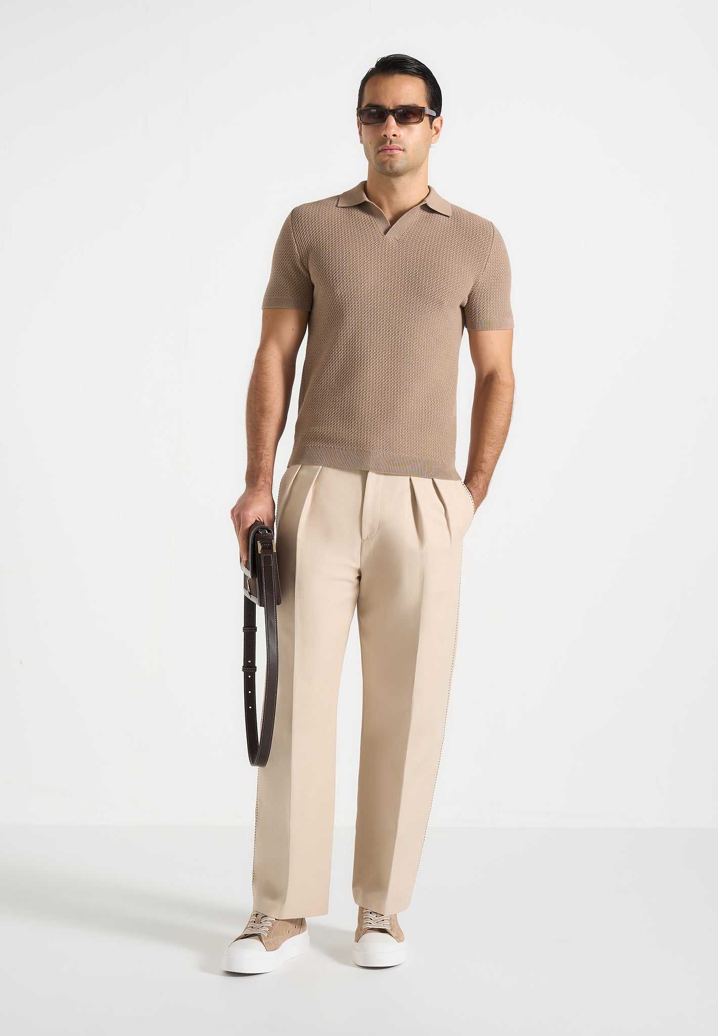 Rowen - Textured Knit Revere Polo Shirt - Taupe 