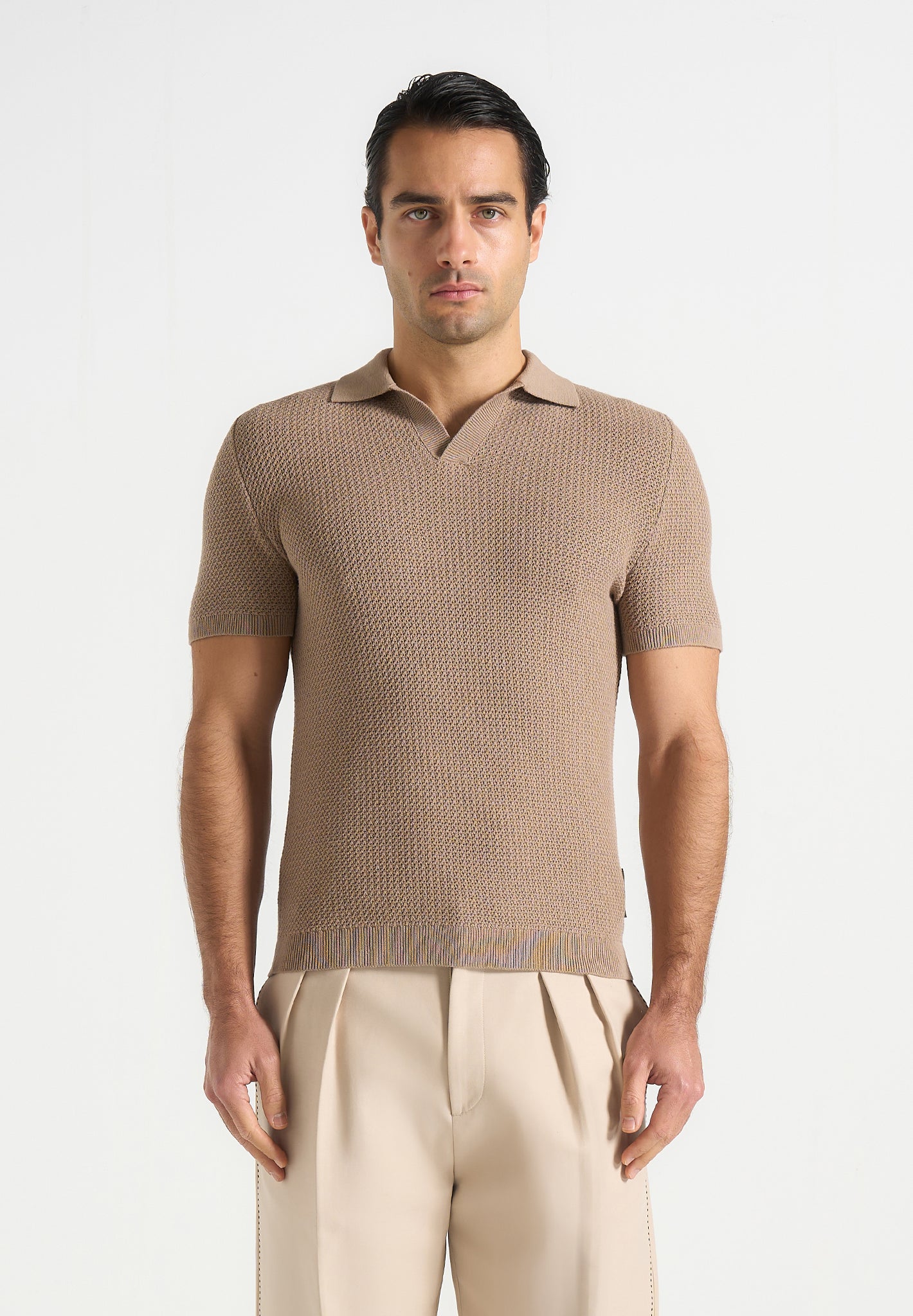 Rowen - Textured Knit Revere Polo Shirt - Taupe 