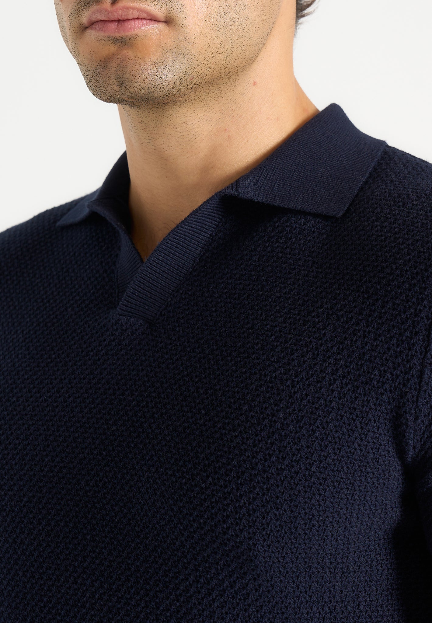 Rowen - Textured Knit Revere Polo Shirt - Navy