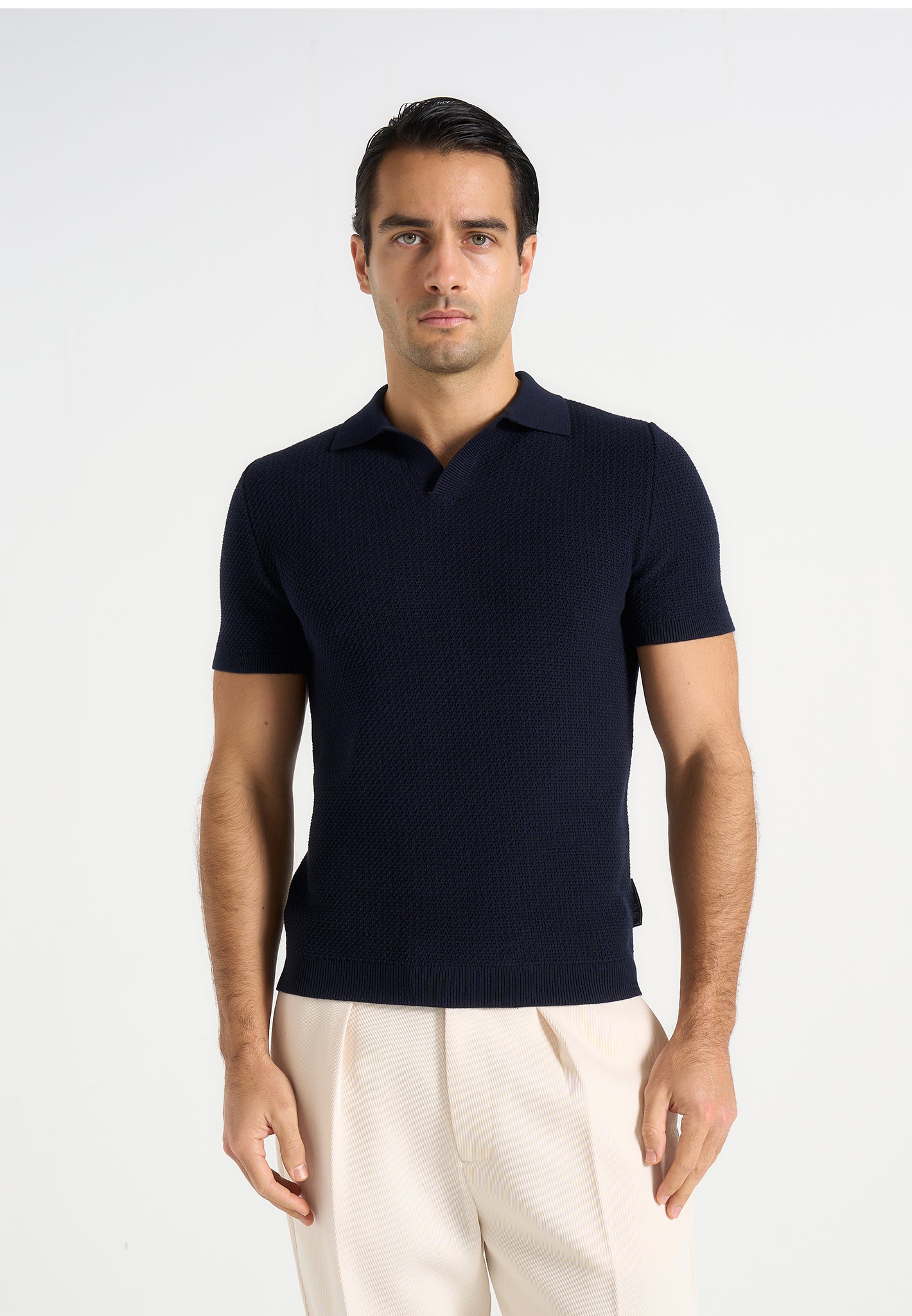 Rowen - Textured Knit Revere Polo Shirt - Navy 