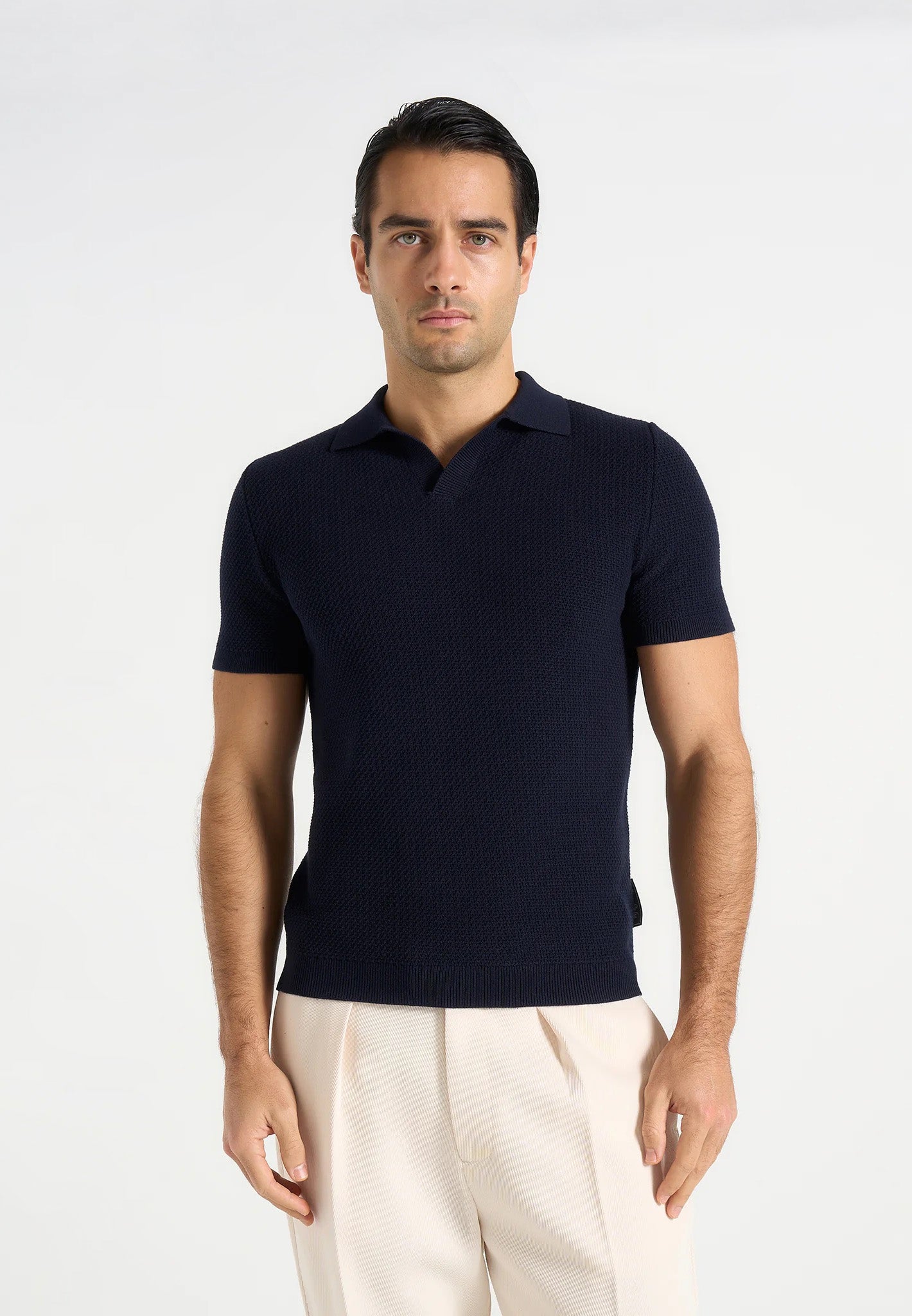 Rowen - Textured Knit Revere Polo Shirt - Navy 
