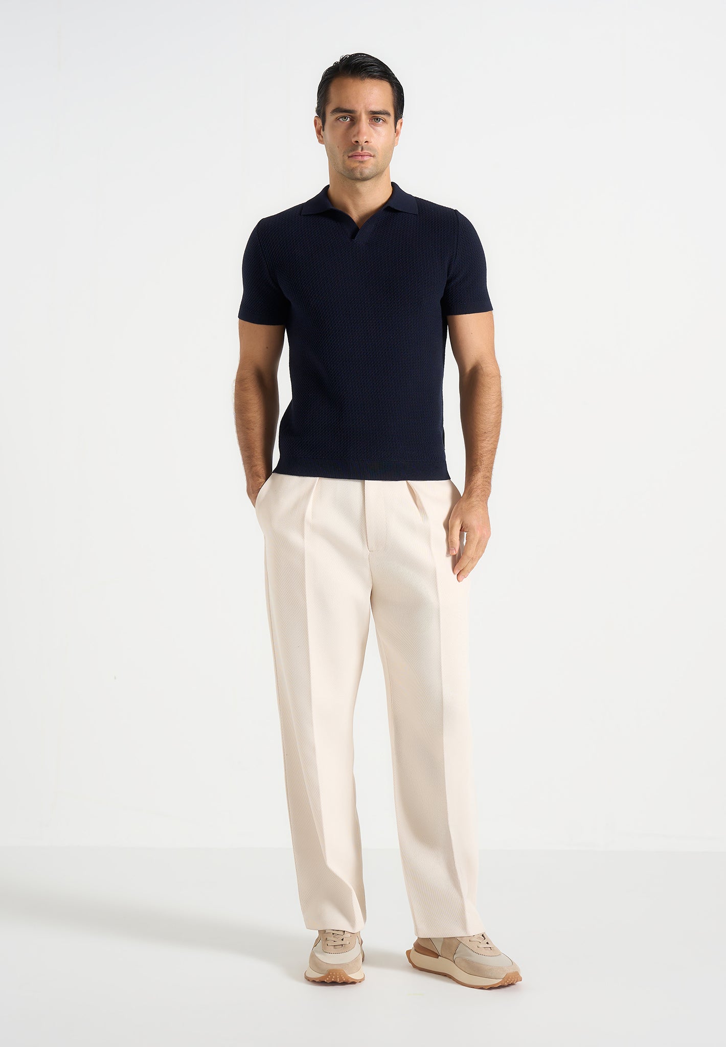 Rowen - Textured Knit Revere Polo Shirt - Navy 