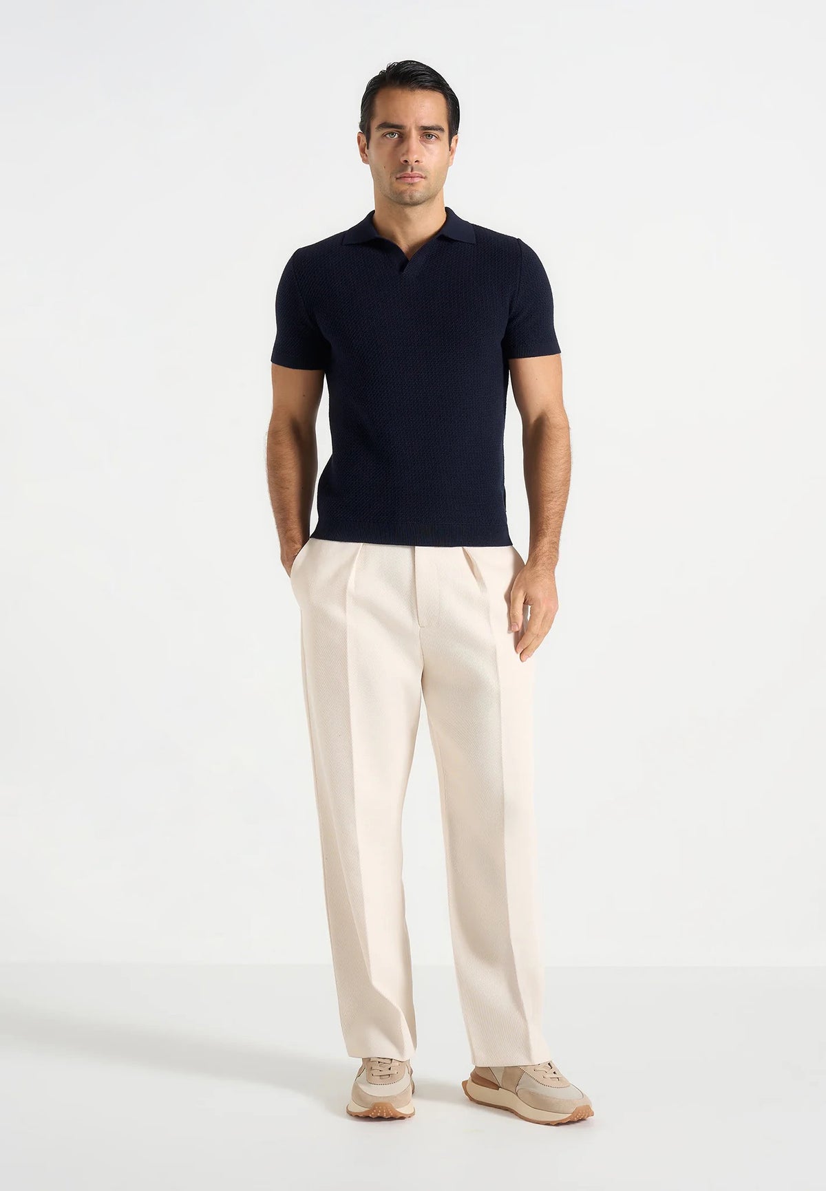 Rowen - Textured Knit Revere Polo Shirt - Navy
