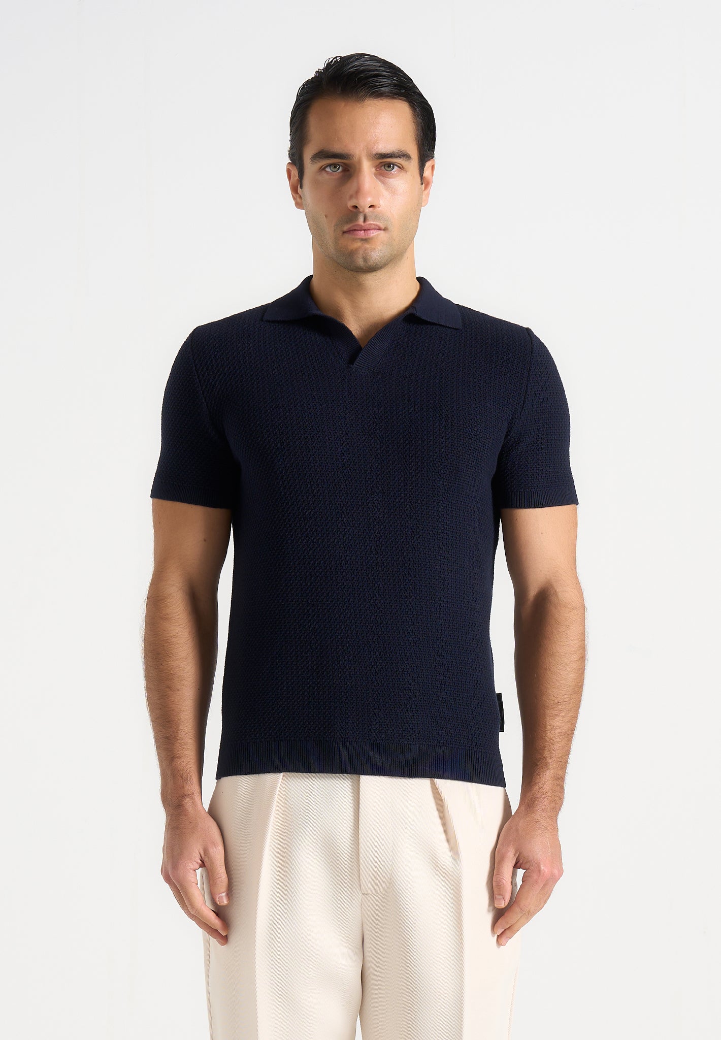 Rowen - Textured Knit Revere Polo Shirt - Navy