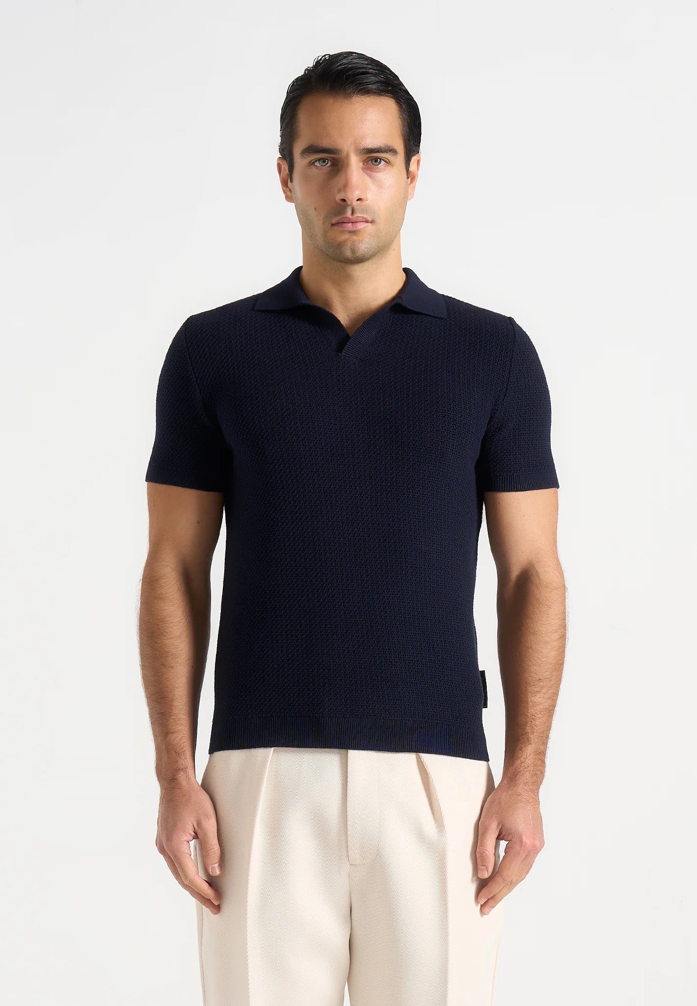 Rowen - Textured Knit Revere Polo Shirt - Navy