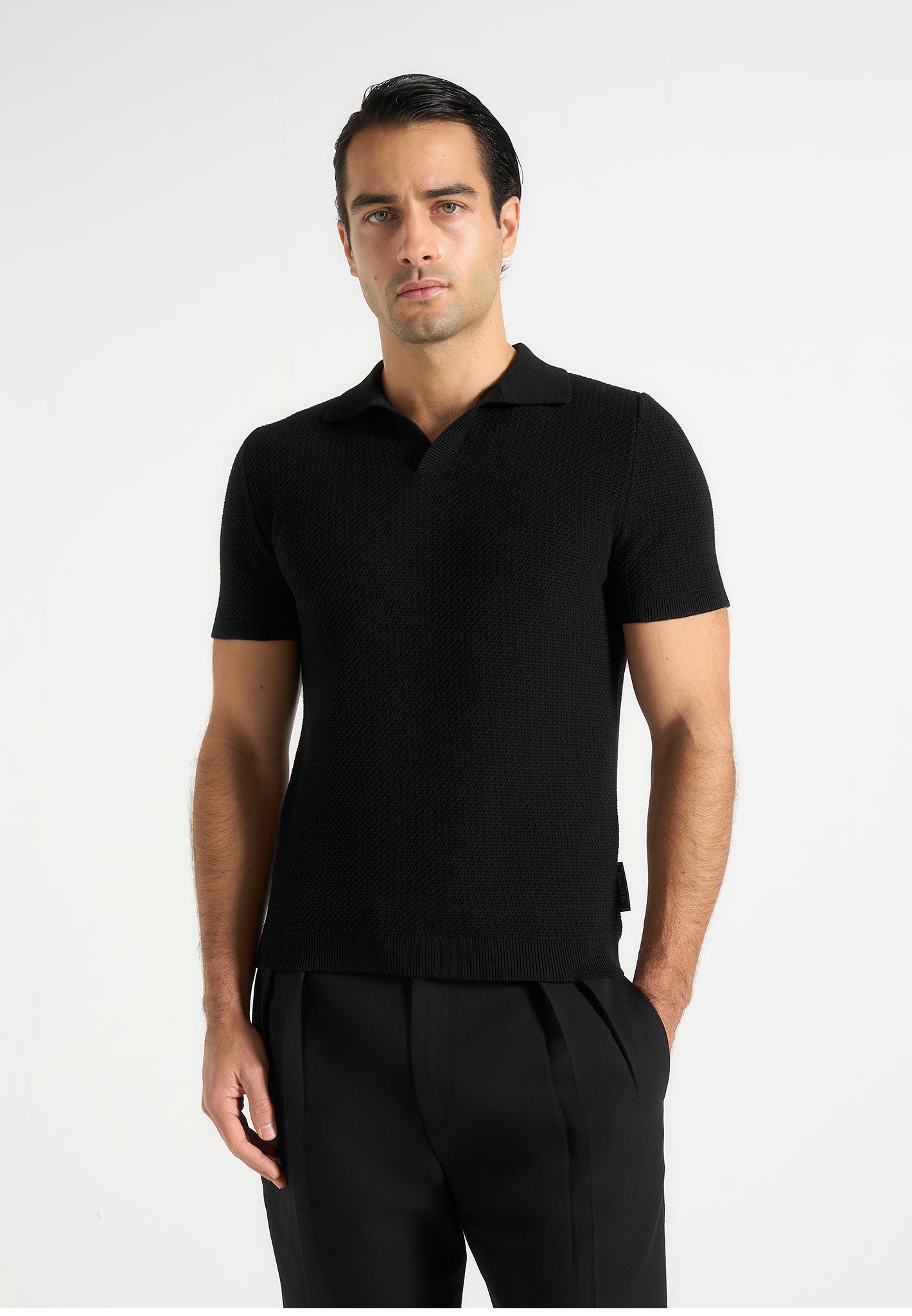 Rowen - Textured Knit Revere Polo Shirt - Black