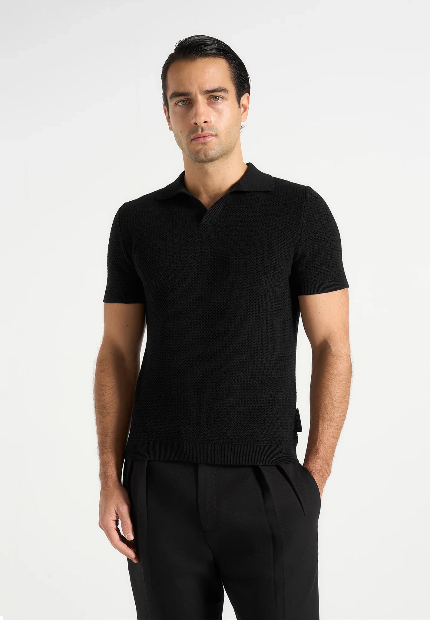 Rowen - Textured Knit Revere Polo Shirt - Black 