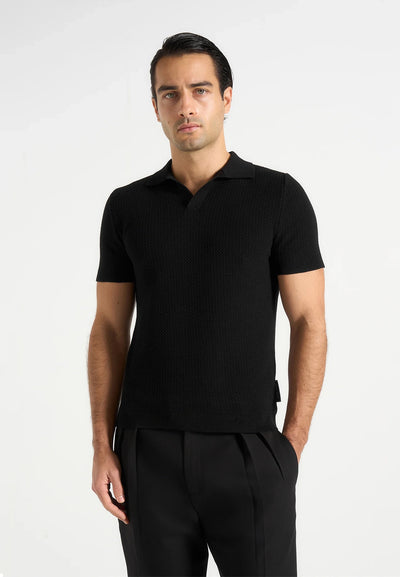 Rowen - Textured Knit Revere Polo Shirt - Black