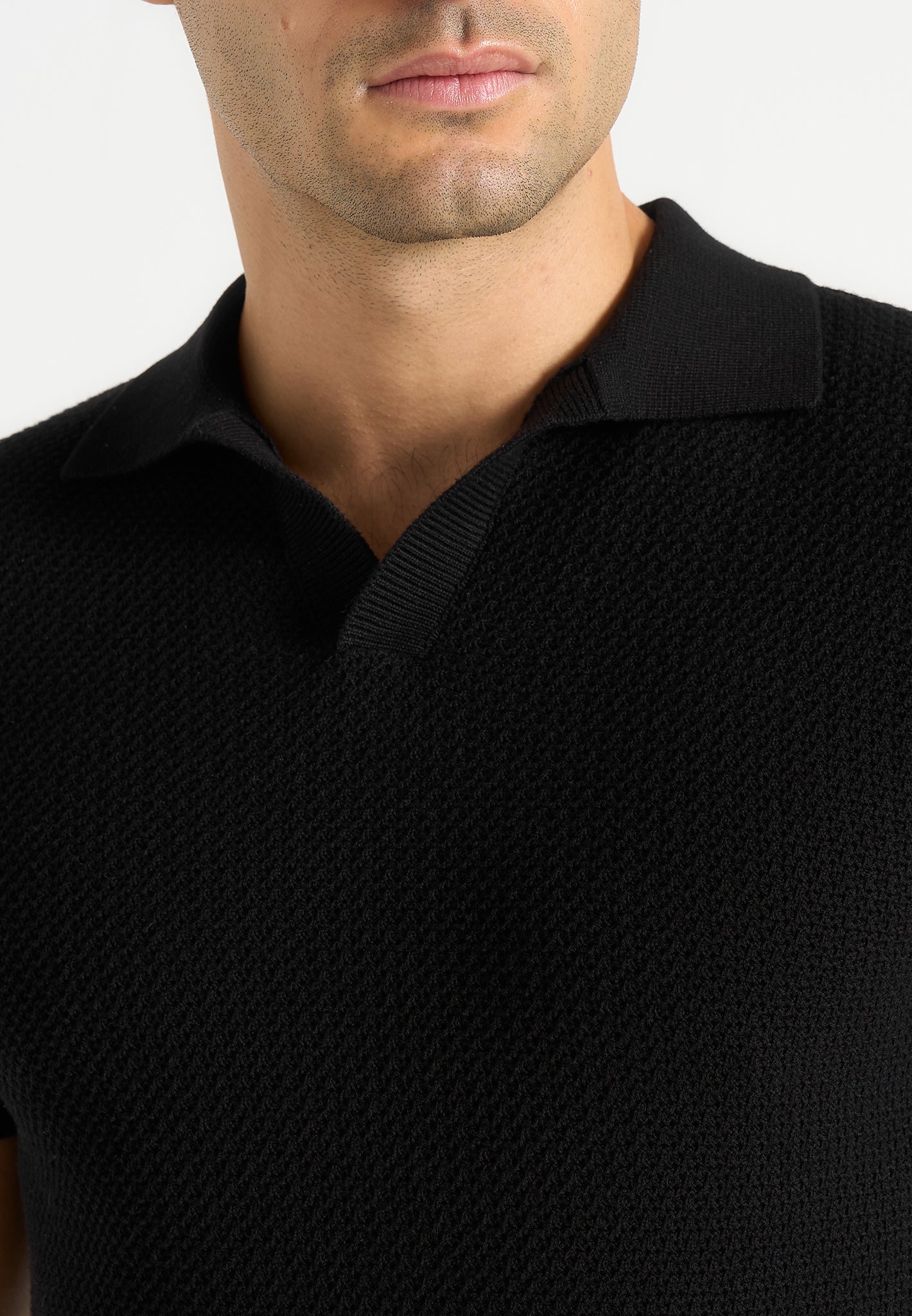 Rowen - Textured Knit Revere Polo Shirt - Black