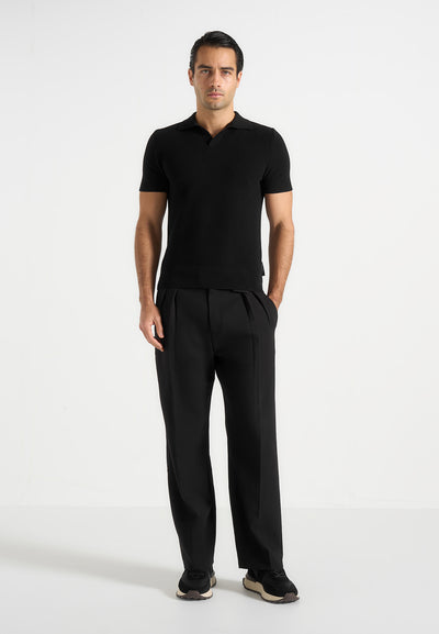 Rowen - Textured Knit Revere Polo Shirt - Black