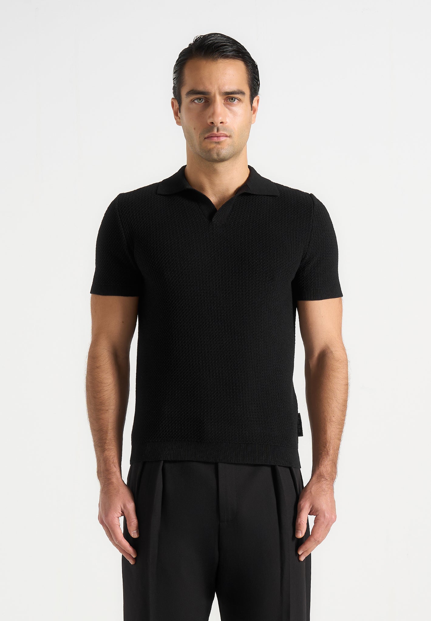 Rowen - Textured Knit Revere Polo Shirt - Black 