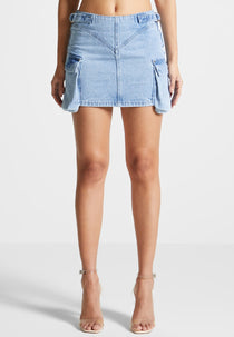 Denim Cargo Mini Skirt - Mid Blue