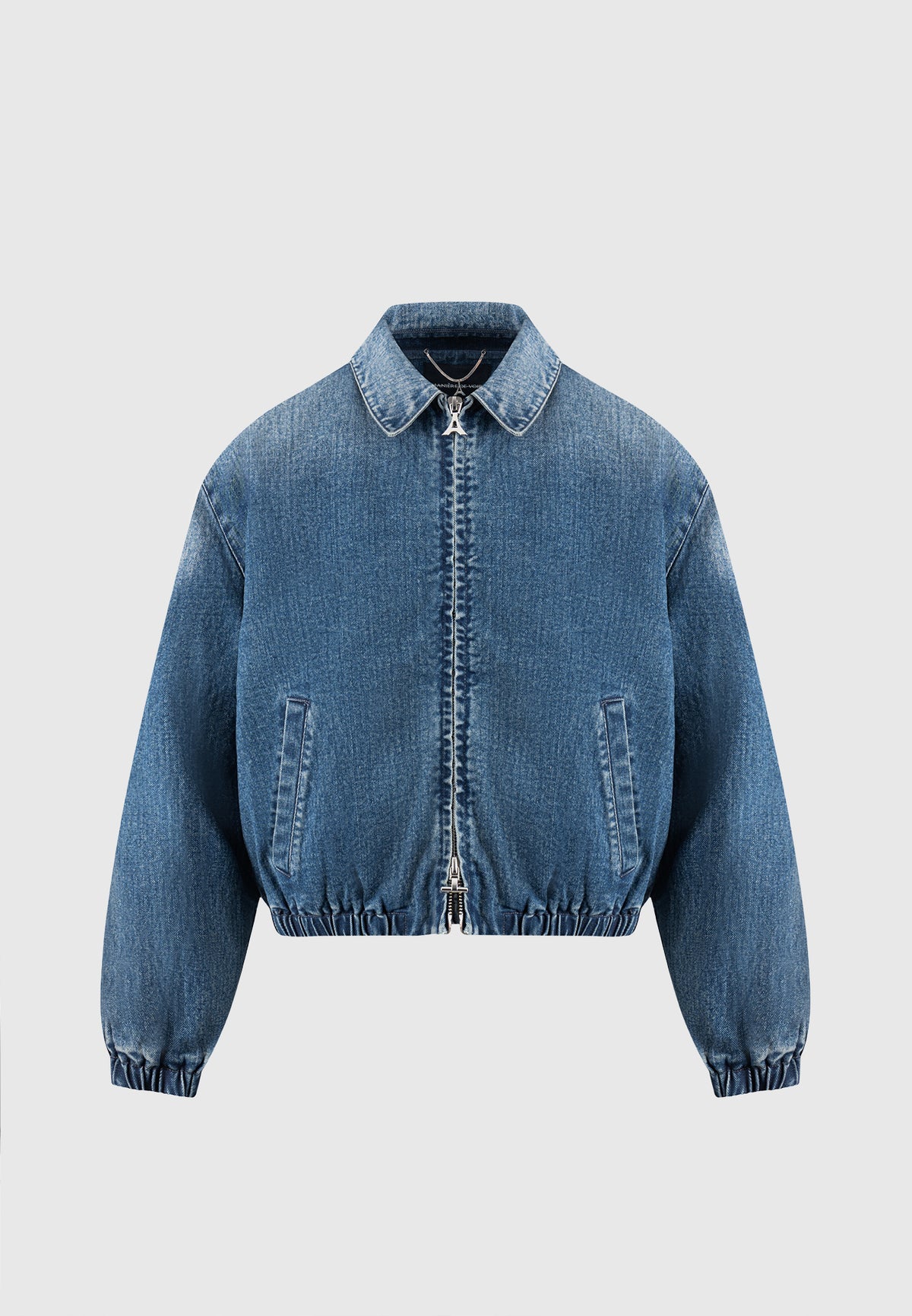 Denim Padded Cropped Bomber Jacket - Mid Blue