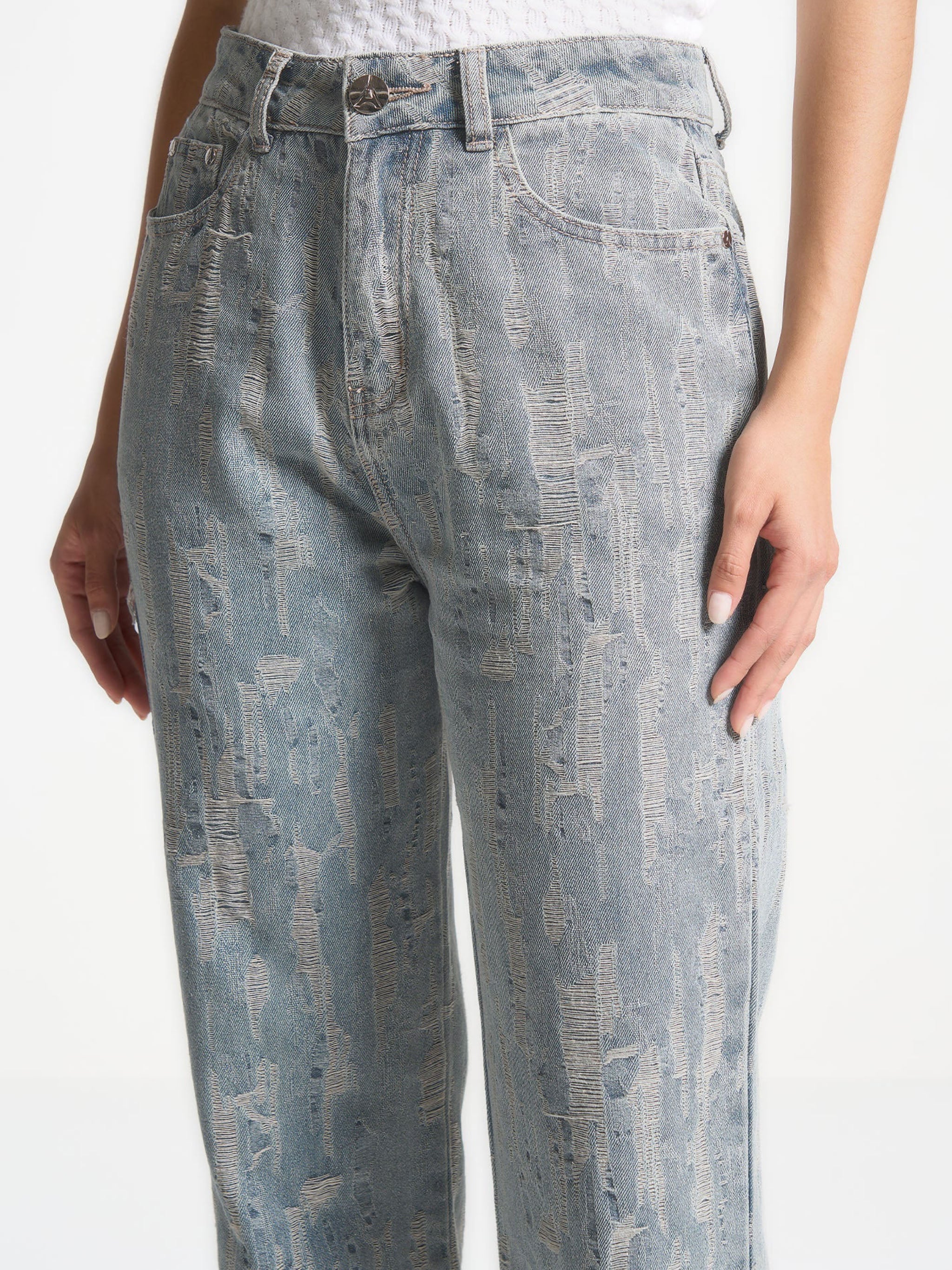Posie - Distressed High Rise Straight Leg Jeans - Mid Blue