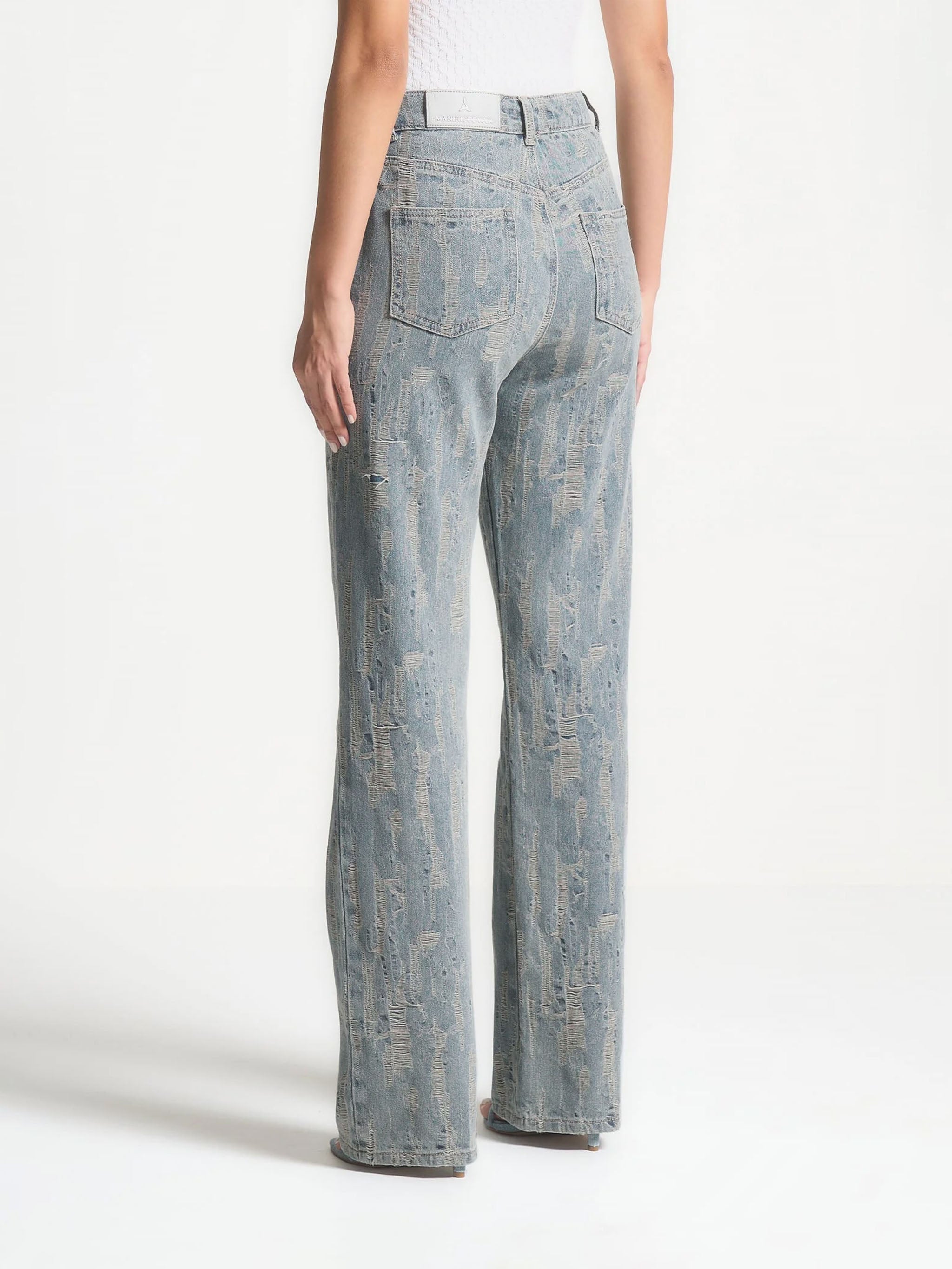 Posie - Distressed High Rise Straight Leg Jeans - Mid Blue