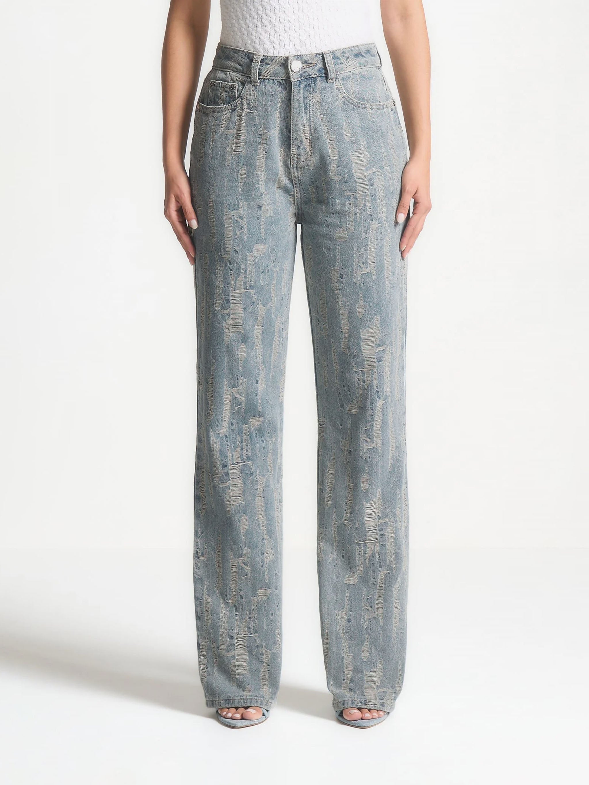 Posie - Distressed High Rise Straight Leg Jeans - Mid Blue 