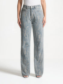 Posie - Distressed High Rise Straight Leg Jeans - Mid Blue