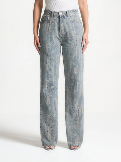 Posie - Distressed High Rise Straight Leg Jeans - Mid Blue