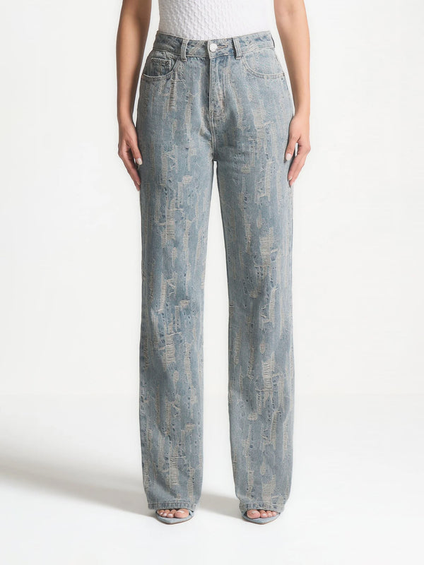 Posie - Distressed High Rise Straight Leg Jeans - Mid Blue