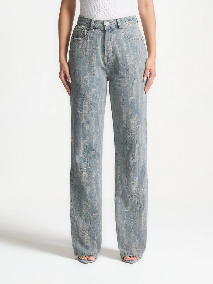 Posie - Distressed High Rise Straight Leg Jeans - Mid Blue