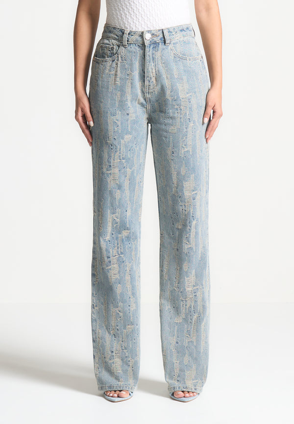 Florence - Distressed High Rise Straight Leg Jeans - Mid Blue