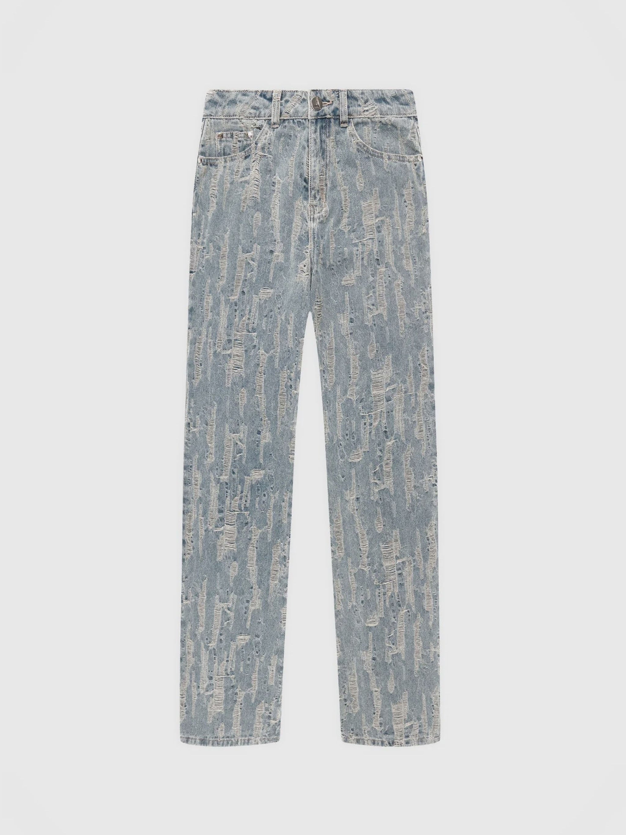 Posie - Distressed High Rise Straight Leg Jeans - Mid Blue