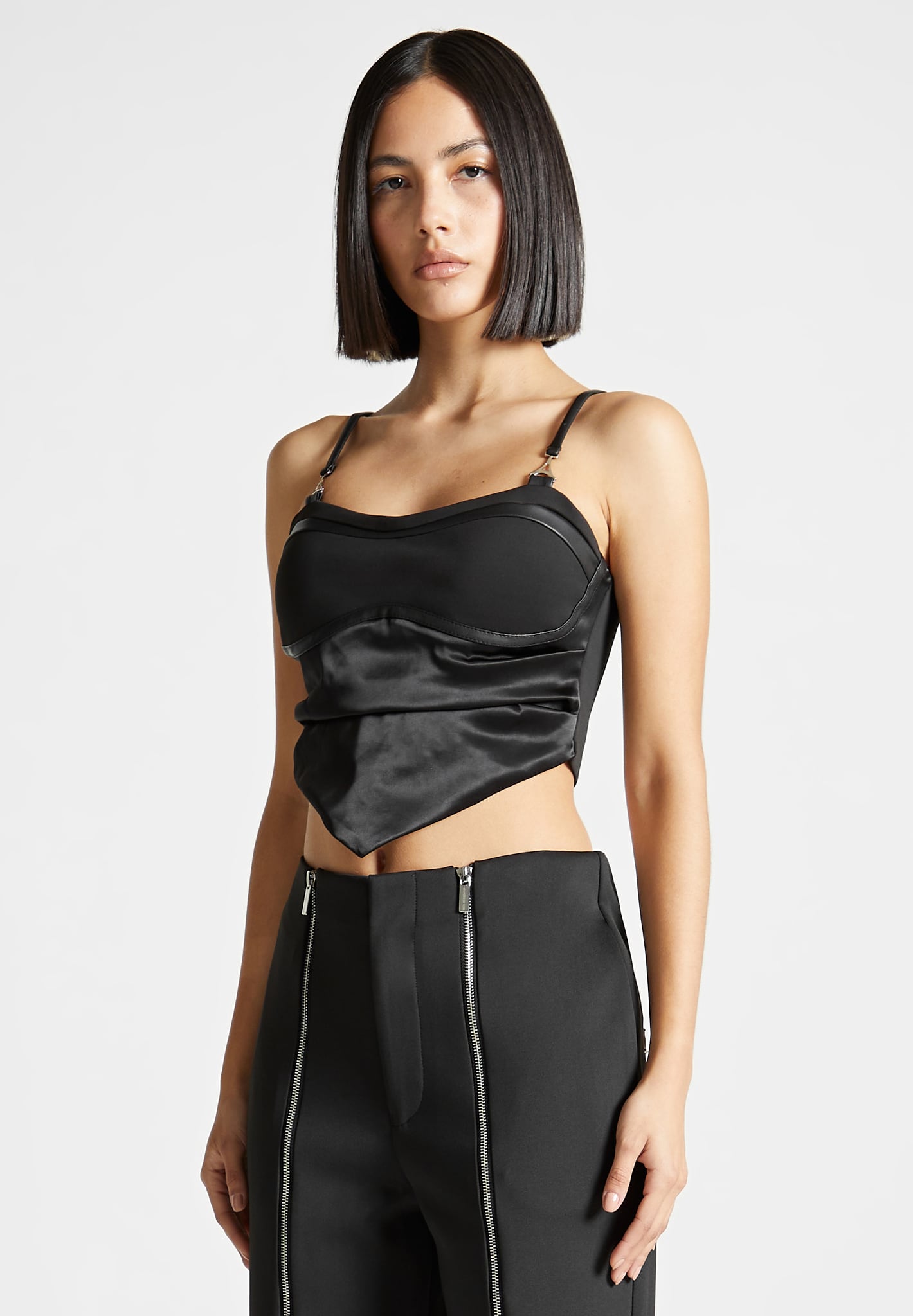 Draped Satin Corset Top - Black