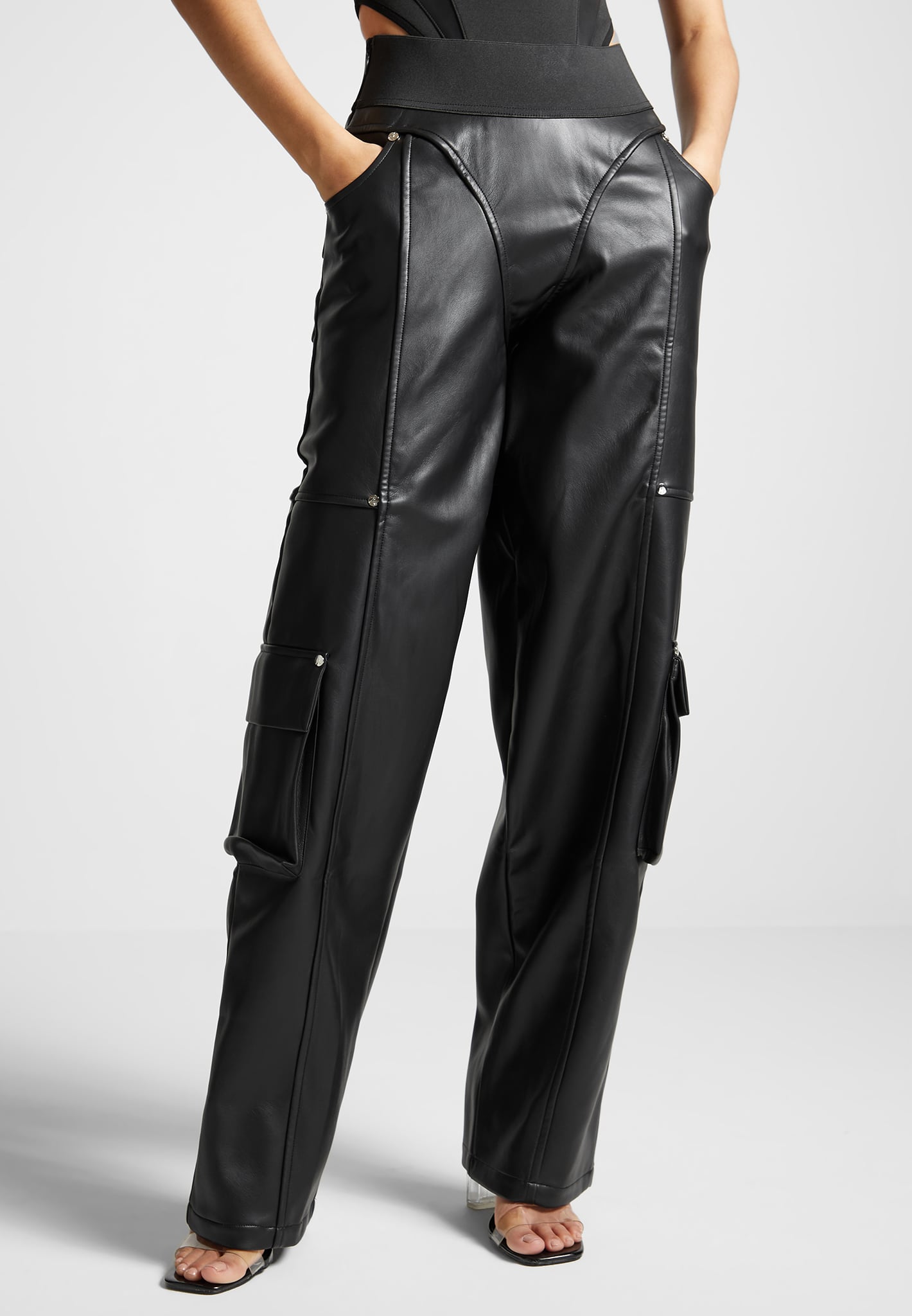 elasticated-waist-vegan-leather-cargo-trousers-black