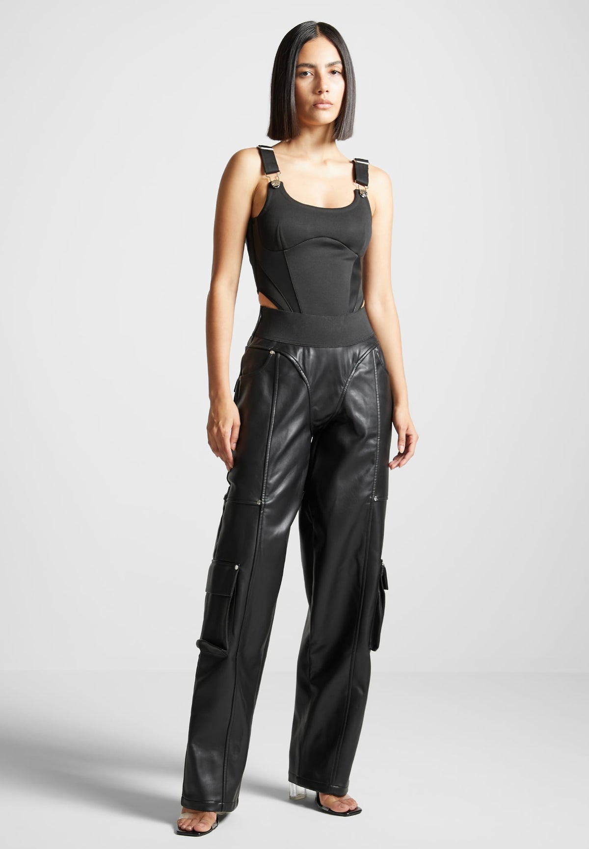 Elasticated Waist Leather Cargo Trousers - Black
