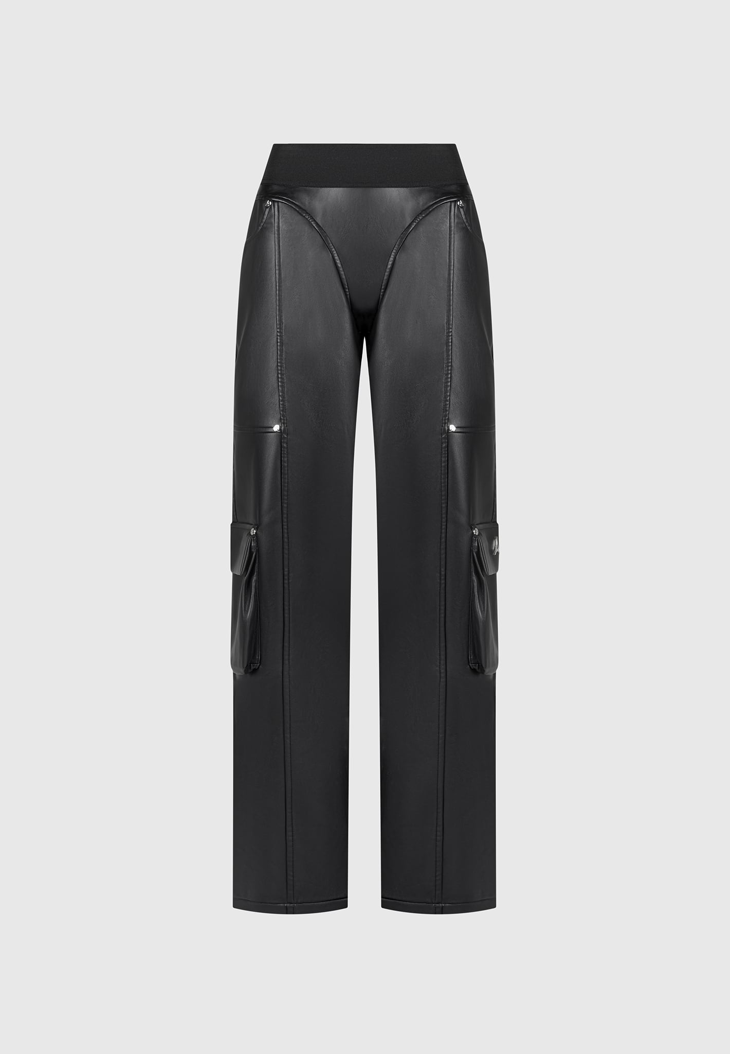 elasticated-waist-vegan-leather-cargo-trousers-black