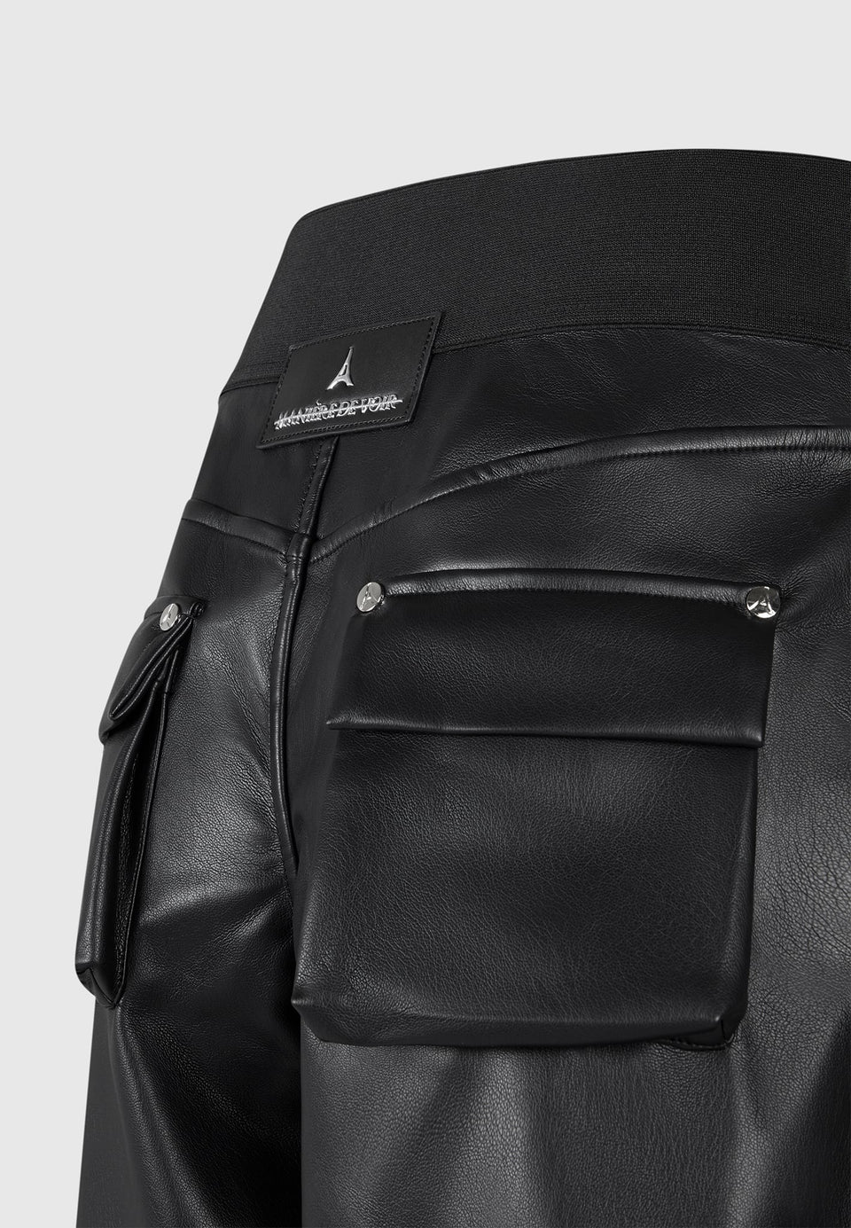 elasticated-waist-vegan-leather-cargo-trousers-black