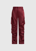 Emilie - Satin High Waisted Cargo Pants - Wine Red