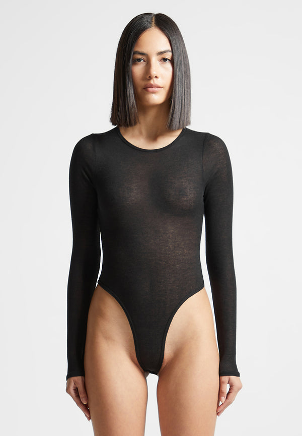 Sheer Long Sleeve Bodysuit - Black