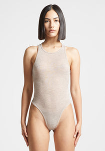 Sheer Racer Neck Bodysuit - Beige